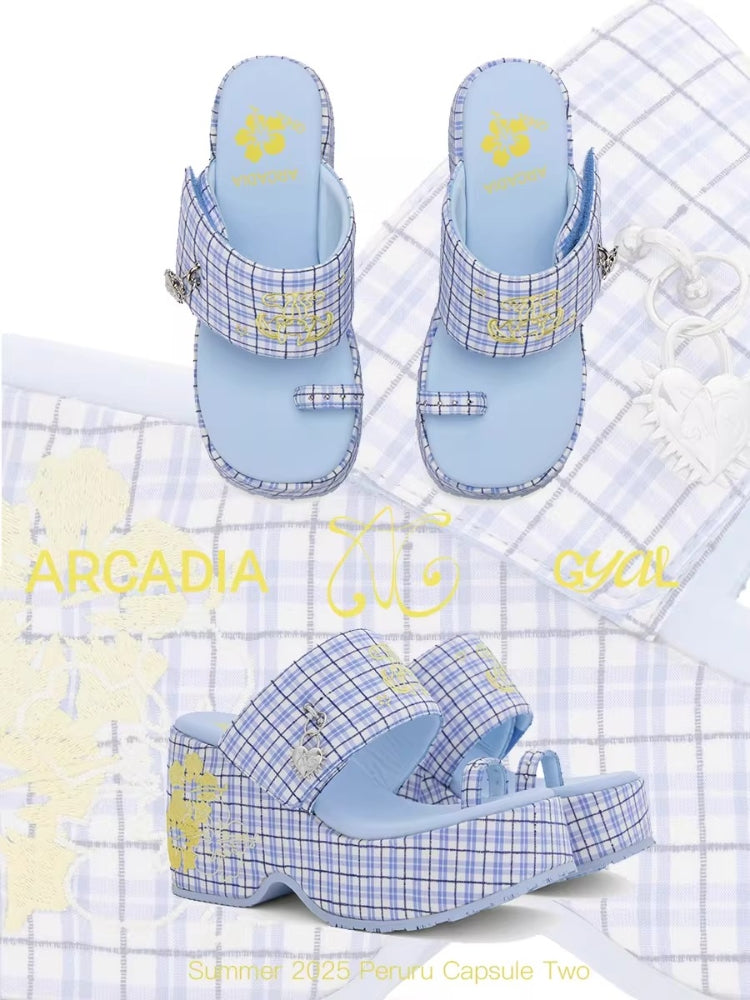 Arcadiagyal Peruru Island-Style Hibiscus Pink Checked Platform Flip-Flops