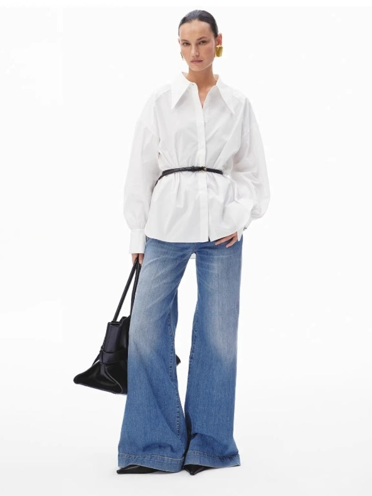 CNLEEWEI Detachable Color-Blocked Skin-Tight Belt with a Unique Pointed Collar and Puffed Sleeves Shirt