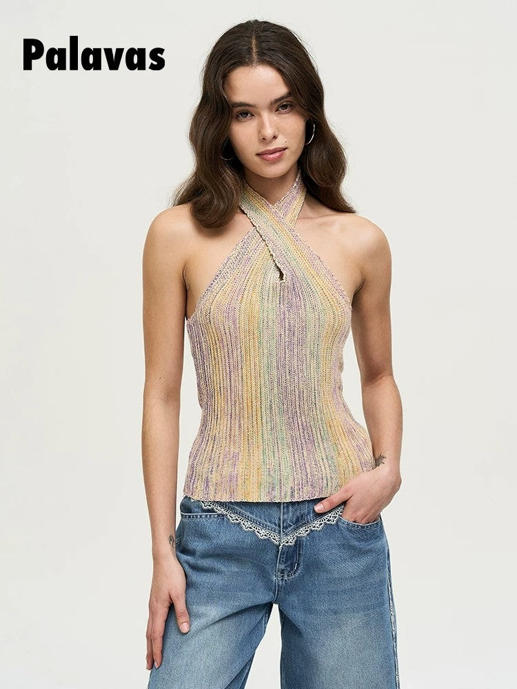 Sunset and Evening Breeze Cross-Over Neckline Knit Tank Top