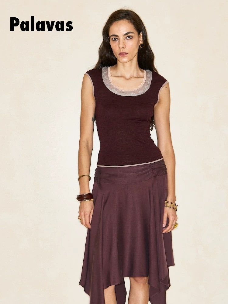 Twilight Pomegranate Lace Short-Sleeve Patchwork T-Shirt: A Unique, Designer-Style Top