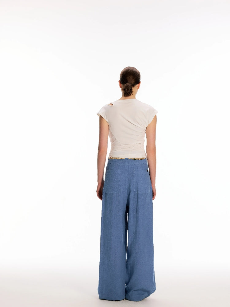 OZA GLOBAL FASHION DESIGNER BRAND 100% Linen, Yeast-Washed Textured Pleated Loose-Fit Wide-Leg Casual Trousers