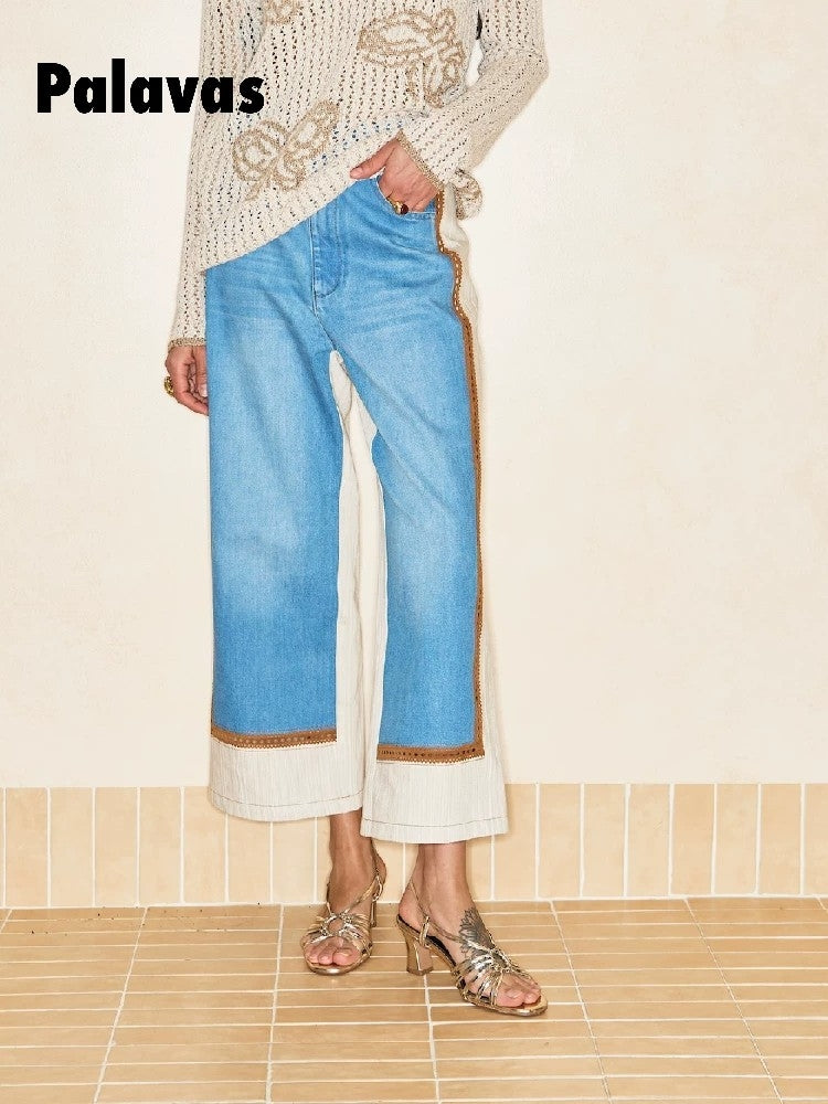 Patchwork Denim High-Waisted Straight-Leg Long Pants for Women by Boxi