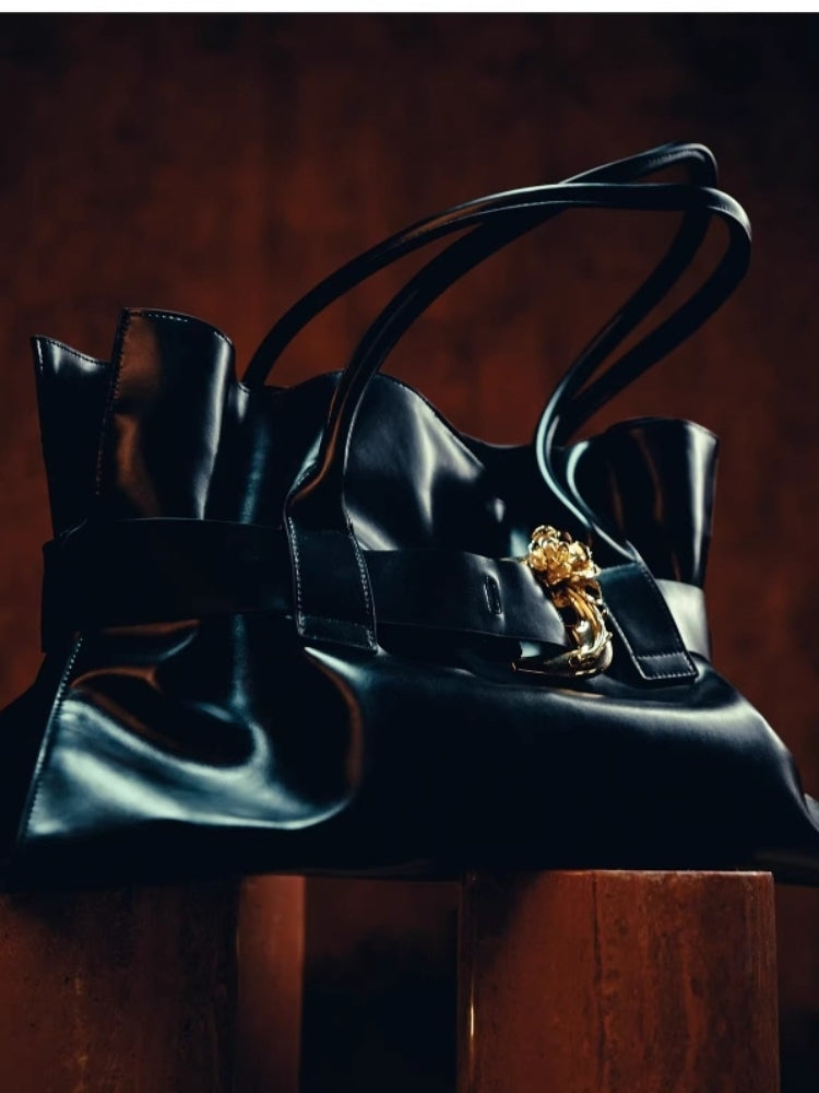 CNLEEWEI Large Genuine Leather Tote Bag with Metal Flower Buckle and Vintage Design