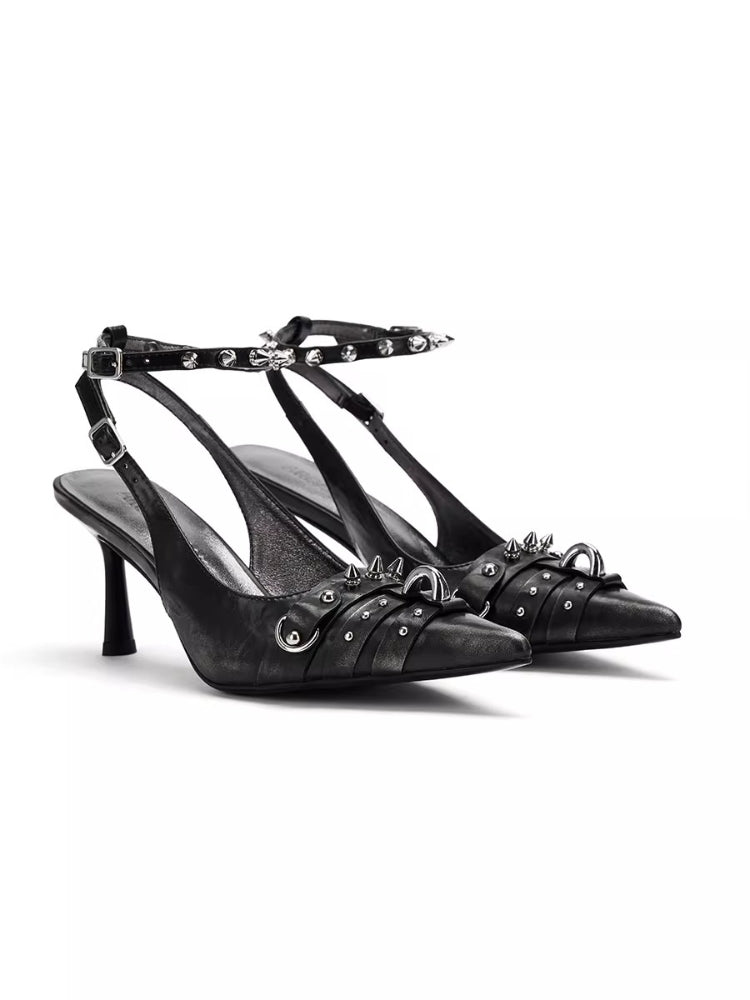 Arcadiagyal Original Design Women Designer Sandals Cut-Out Punk Antique Finish Leather Stiletto High Heels