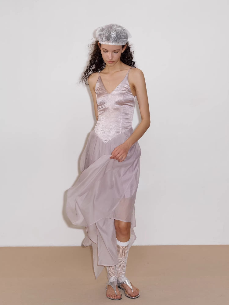 2AM POETRY Shimmering Textured Irregular-Petal Pleated Patchwork Pink-Purple Tulle Dress