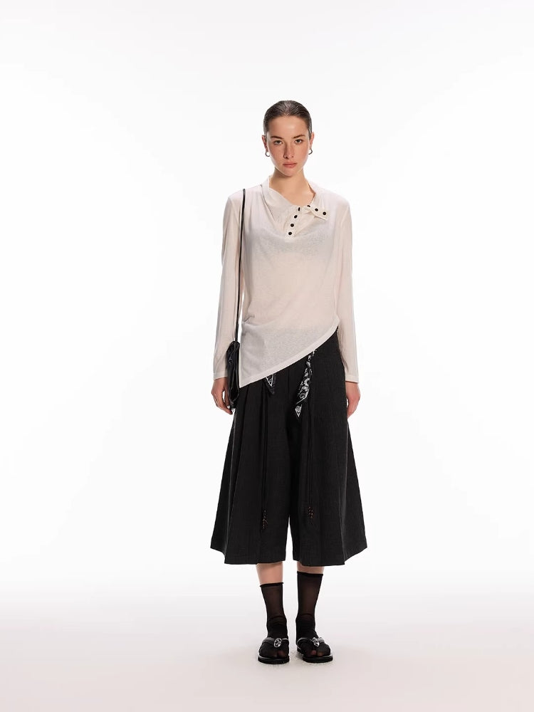Dpercent Tencel-Linen Blend Color-Blocked Multi-Button Lightweight T-Shirt with Asymmetrical Hem