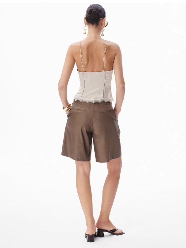 CNLEEWEI Lace-Trimmed Satin Halter Top for Women