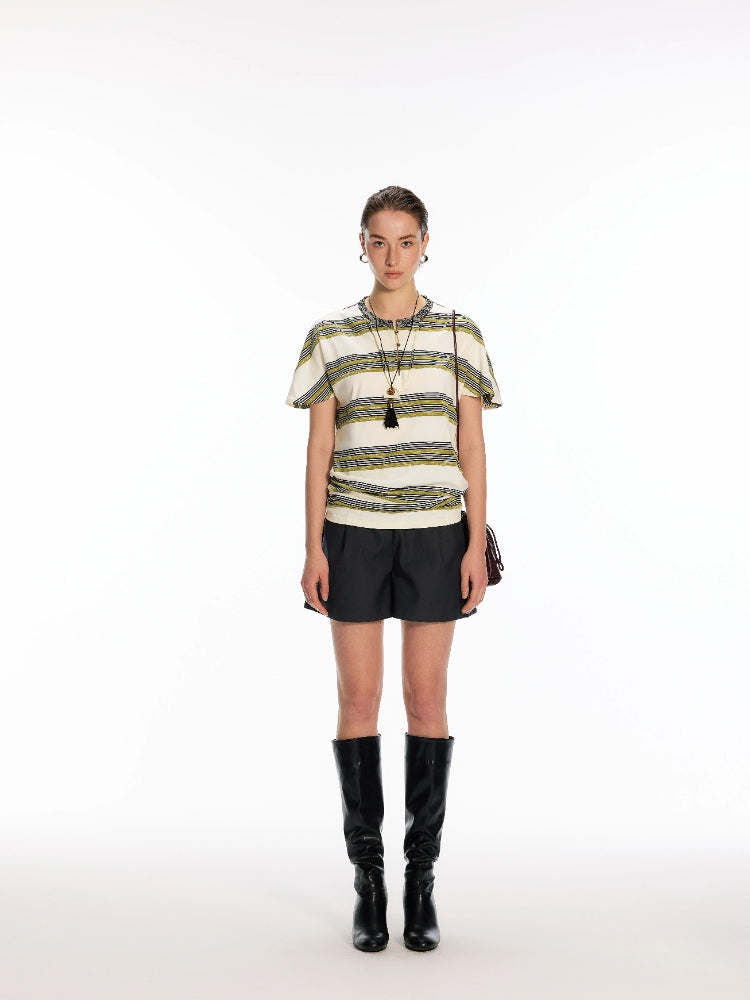 Dpercent Striped Patchwork Cashew-Print Henley-Neck One-Piece Slit T-Shirt with Cap Sleeves