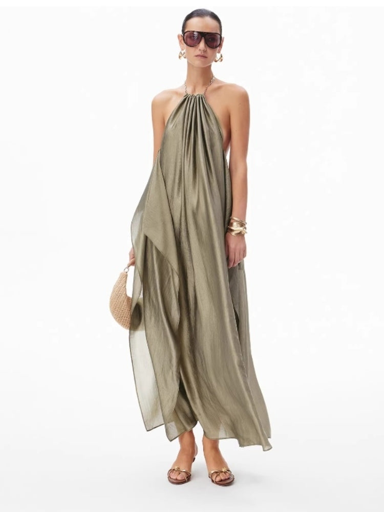 CNLEEWEI Detachable Chain-Strap Neckline-Cutout A-Line Dress