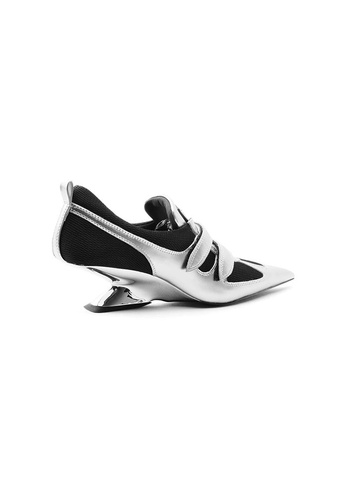 "Silverdash" Metallic Silver Cow Leather & Mesh Velcro Pointed Toe Sculpted Wedge Heel Avant-Garde Sneaker Pumps 5CM Futuristic Street Heels