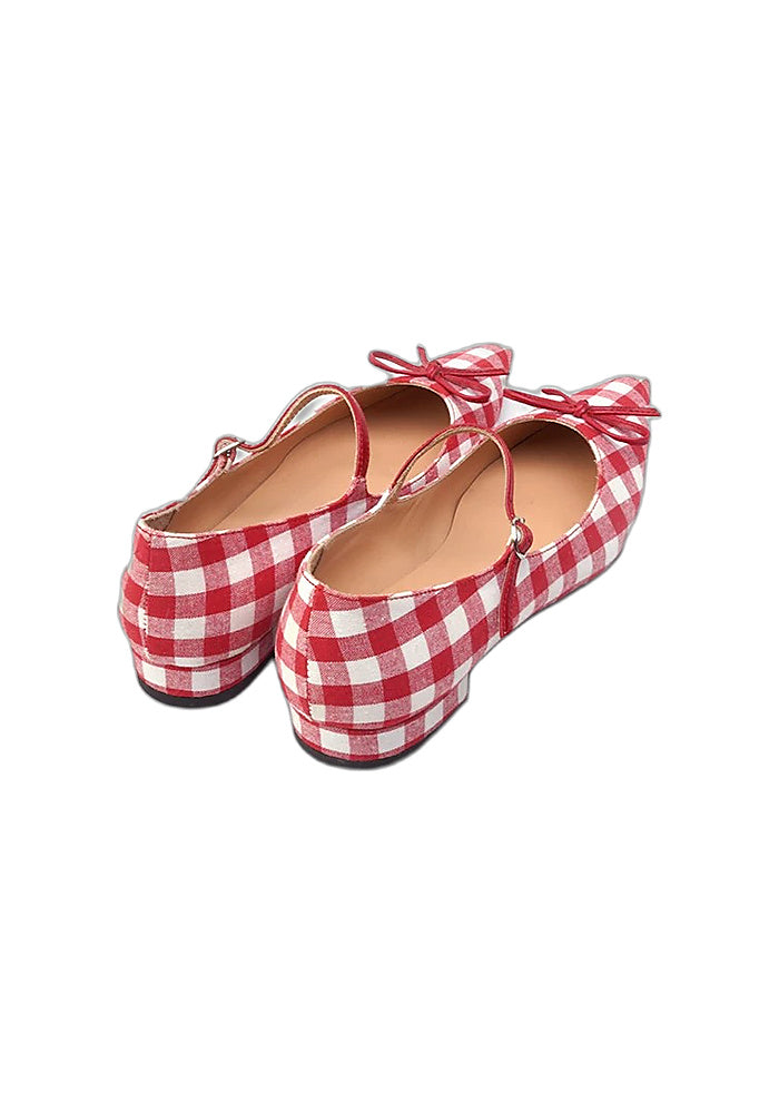 Red Gingham Cotton Mary Jane Flats 2.5CM Low Block Heel Pointed Toe Bow Strap Pumps