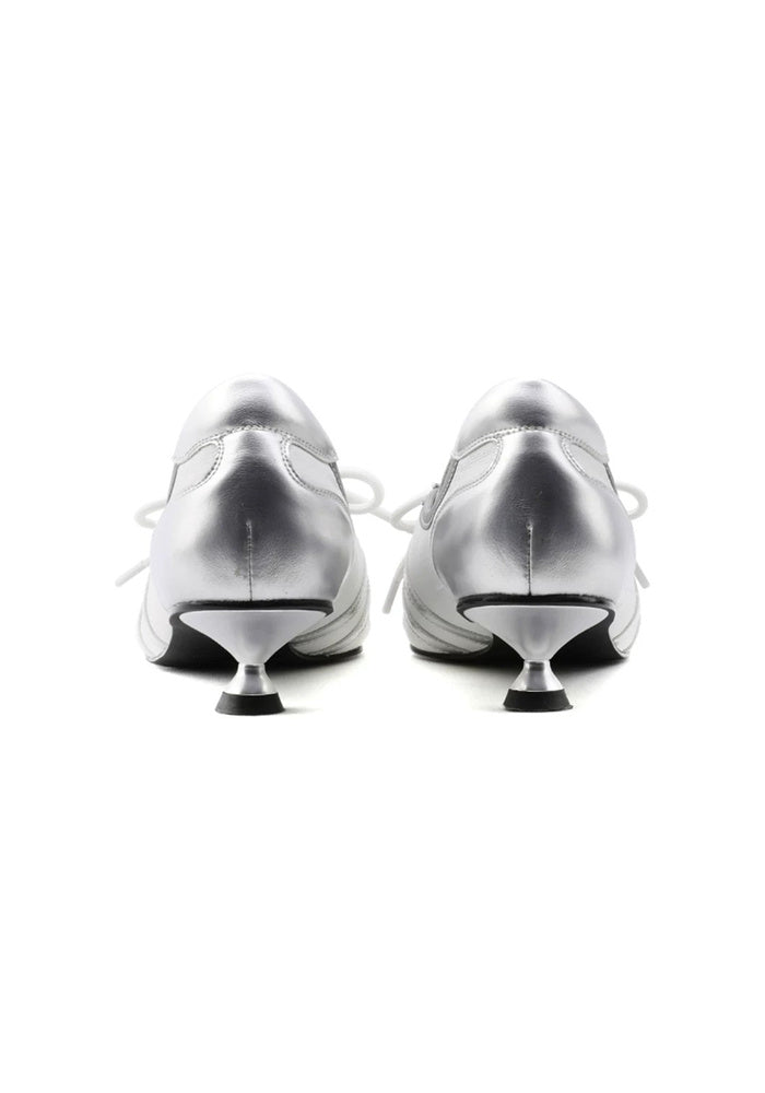 Silvertrail" Metallic Silver Cow Leather Lace-Up Pointed Toe Low Kitten Heel Derby Pumps 3.5CM Futuristic Avant-Garde Dress Shoes