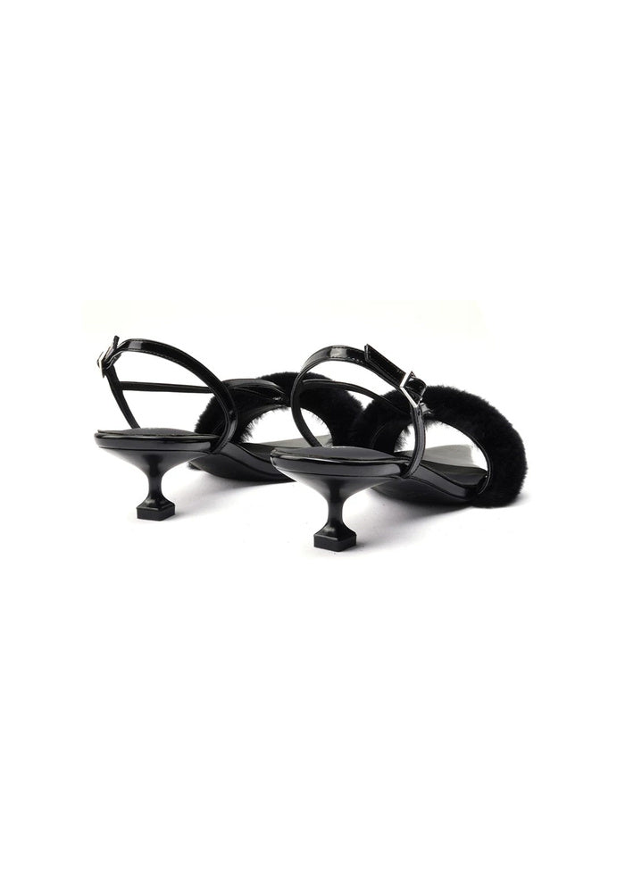 "Velvetclaw" Mink Fur Pointed Toe Slingback Sandals 4.5CM Sculpted Kitten Heel Avant-Garde Party Mules