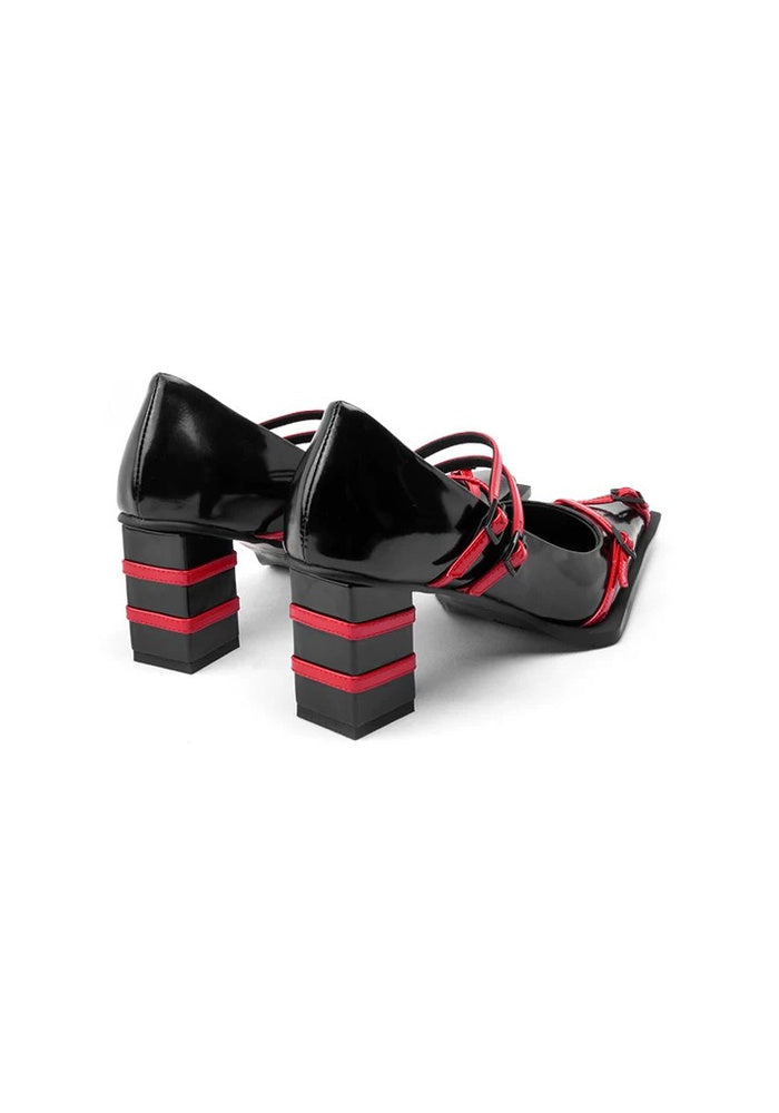 Patent Leather Red Contrast Strap Square Toe Mary Jane Pumps 6CM Color Block Block Heel Designer Heels