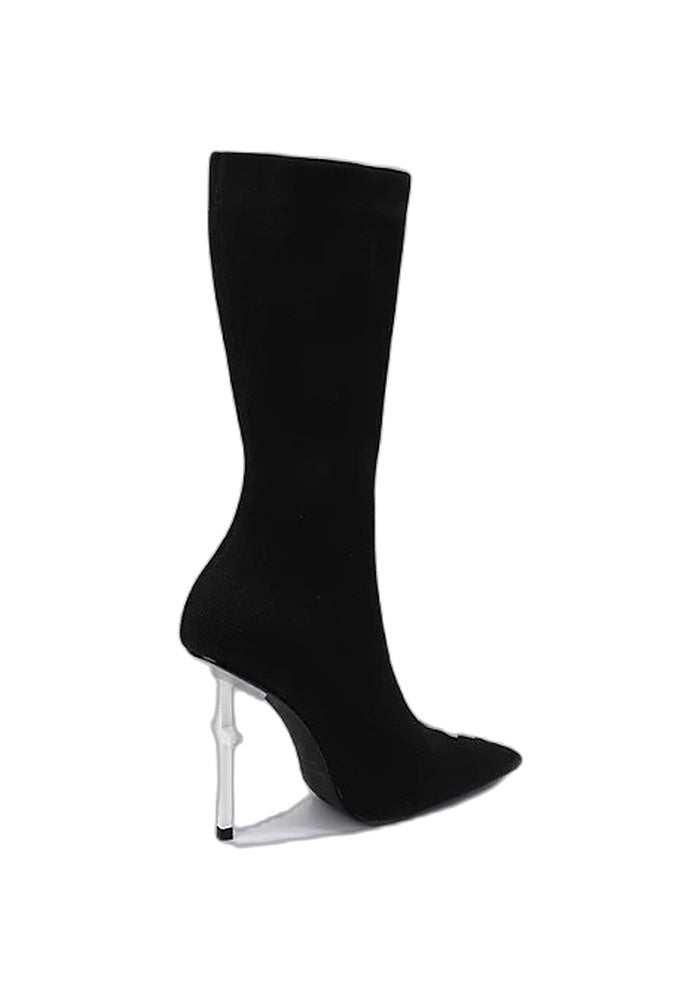 Knit Sock Mid-Calf Boots 10CM White Cross Sculpted Stiletto Pointed Toe Gothic Avant-Garde Stretch Heel Boots