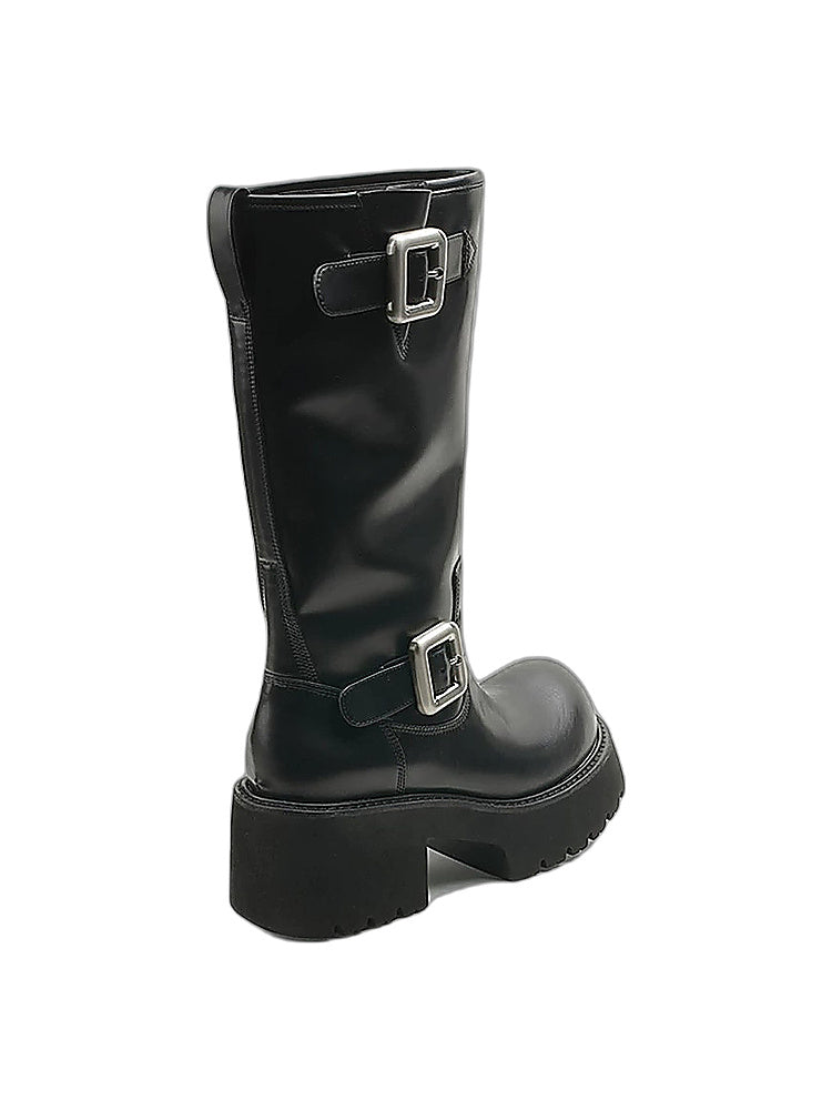 Double-Buckle Platform Mid-Calf Boots