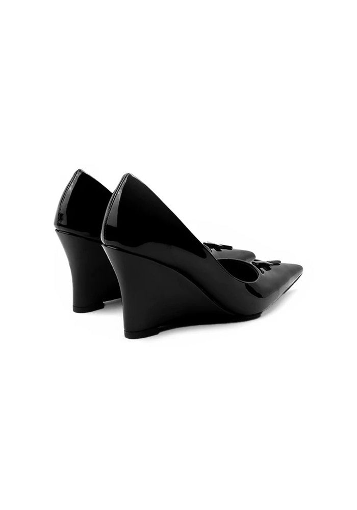 Patent Leather Cross Decor Wedge Pumps 8CM Pointed Toe Gothic Wedge Heel Dress Shoes