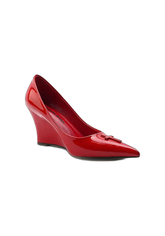Bright Red Patent Leather Cross Wedge Pumps 8CM Curved Wedge Heel Pointed Toe Designer Slip-On Heels