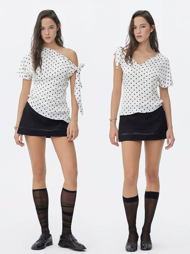 DPERCENT Polka Dot One-Shoulder Tie-Sleeve Top