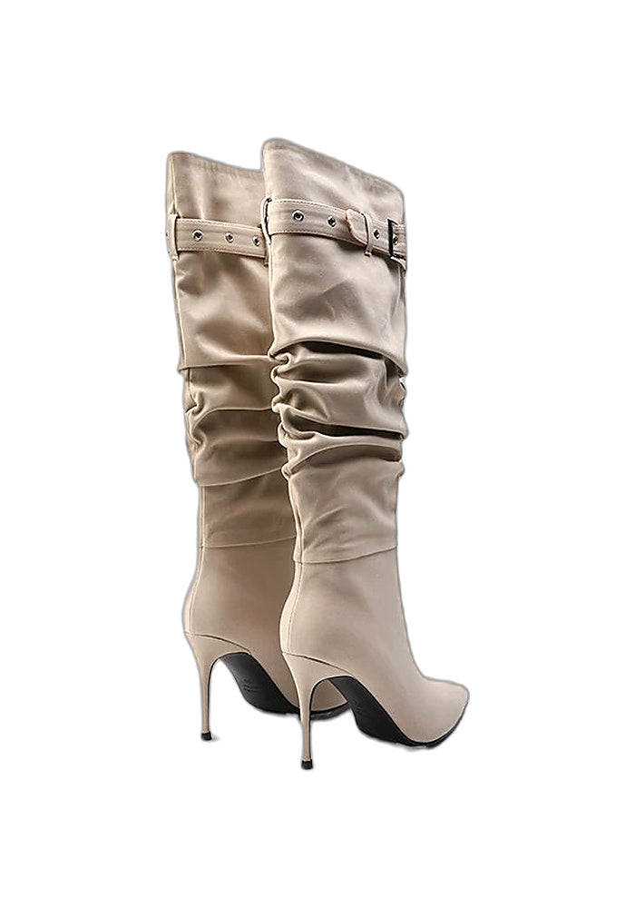 Ruched Buckle Knee-High Stiletto Boots Pointed Toe Avant-Garde High Heel Boots