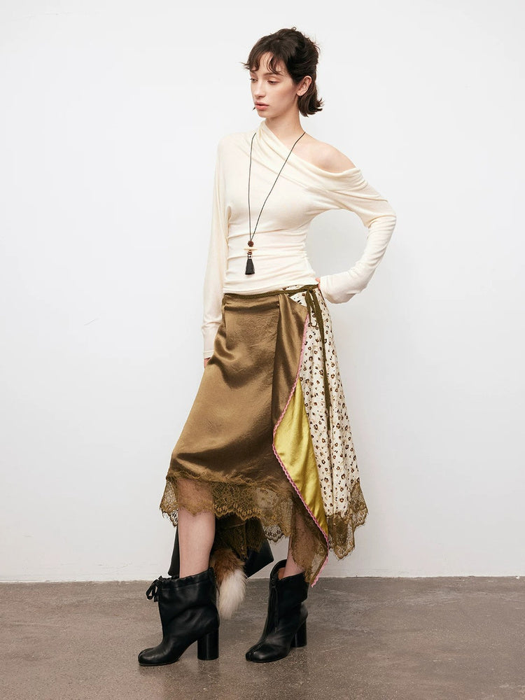 DPERCENT Asymmetric Off-Shoulder Draped Long-Sleeve Top