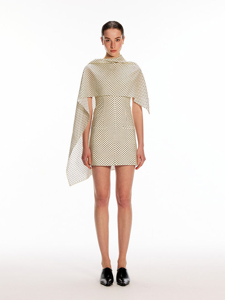 DPERCENT Polka Dot Mini Dress with Draped Cape Panel