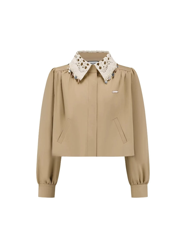 SHROENRO Lace Openwork Peter Pan Collar, Flowy Bubble Sleeves, Versatile Short-Sleeve Top