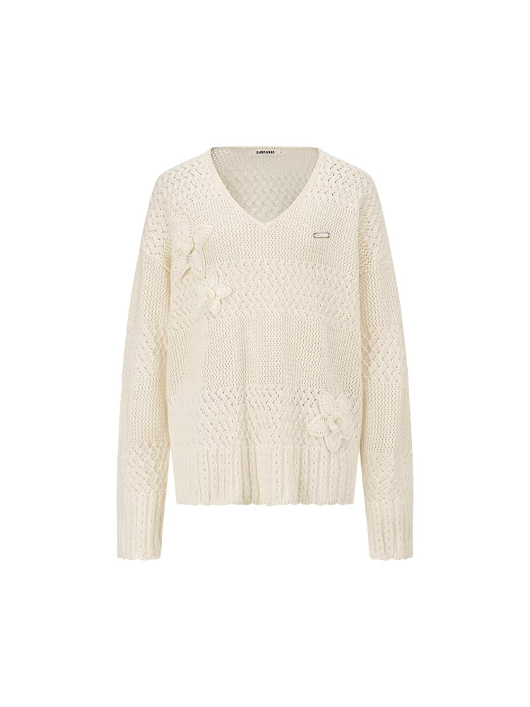 SHROENRO Floral V-Neck Openwork Knit Sweater for Women