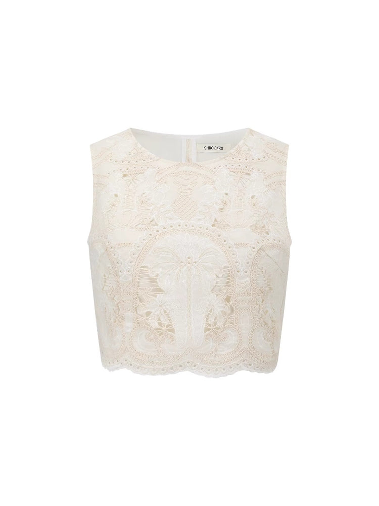 SHROENRO French-inspired Sweet Style Exquisite Openwork Lace Fitted Sleeveless Tank Top