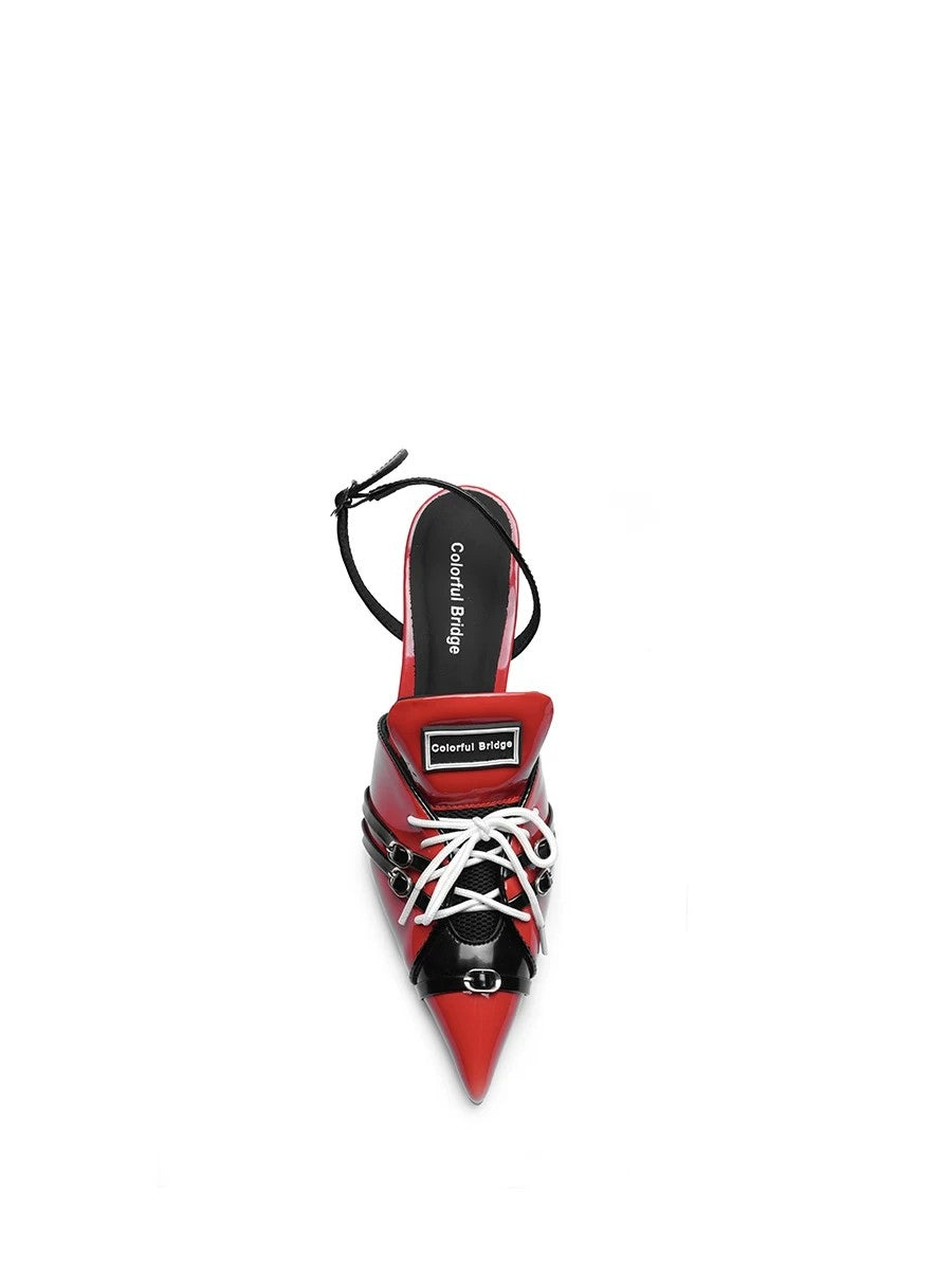 F1 Racing Series Designer Sporty High-Heeled Pointed-Toe Patent Leather Sandals