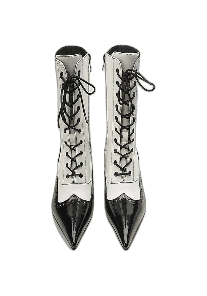 Brogue Lace-Up Mid-Calf Stiletto Boots 7.5CM Avant-Garde Two-Tone Pointed Toe Boots