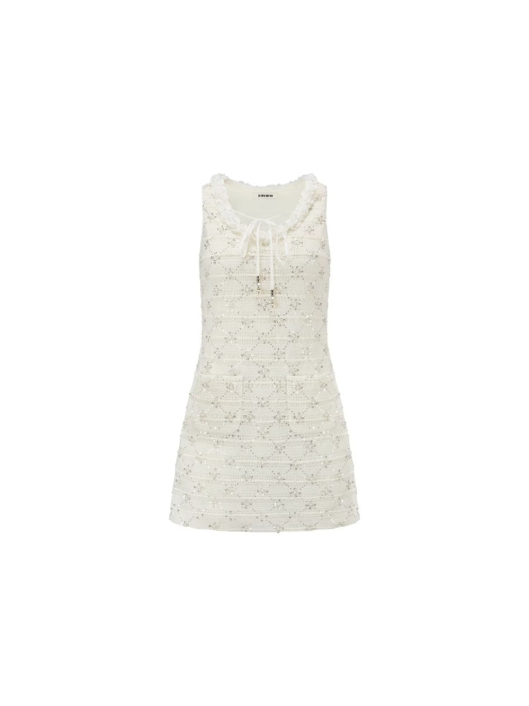 SHROENRO Light Luxury Fitted Gold Tweed Dress with Ruffle Trim