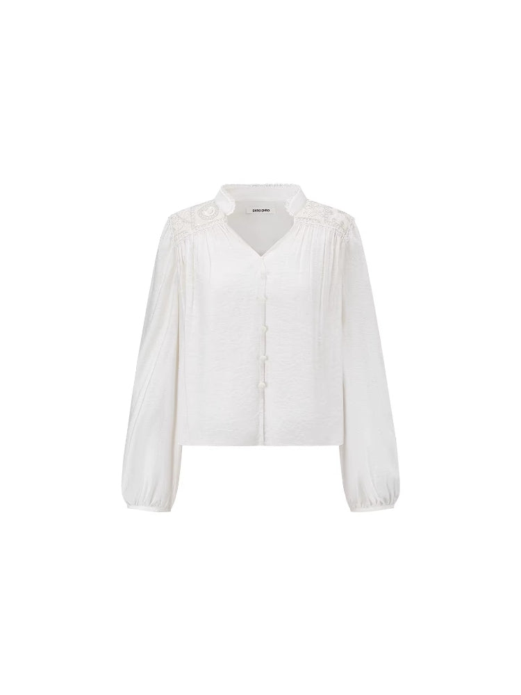 SHROENRO Heavy-Duty Embroidered Short-Stand Collar Drapey Loose-Fit Long-Sleeve Shirt for Women