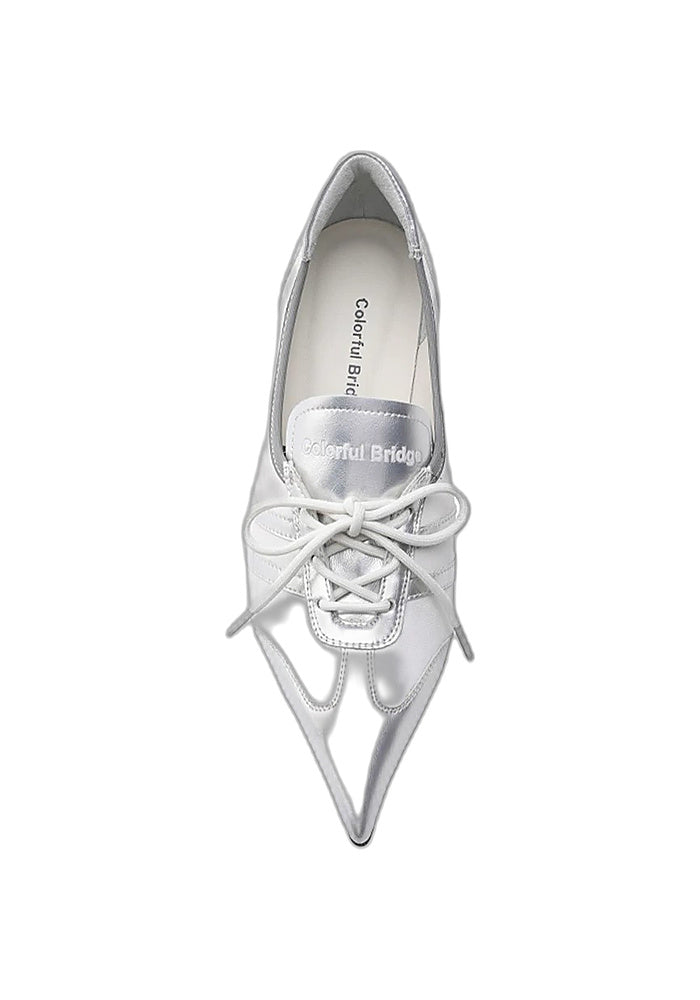 Silvertrail" Metallic Silver Cow Leather Lace-Up Pointed Toe Low Kitten Heel Derby Pumps 3.5CM Futuristic Avant-Garde Dress Shoes