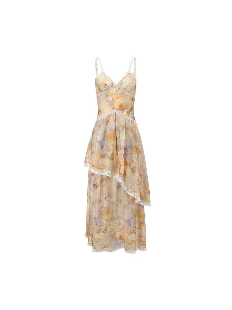 SHROENRO New Arrival: Resort-Style, Waist-Cinched, Lace-Paneled, Oil-Print, Floral-Printed, Designer-Style Spaghetti-Strap Dress