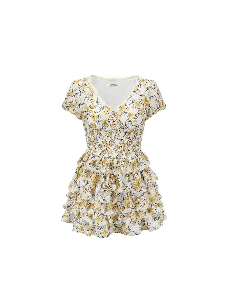 SHROENRO New Arrival: French Floral Print Fashionable V-Neck High-End Design Tiered Dress for Women (Short)