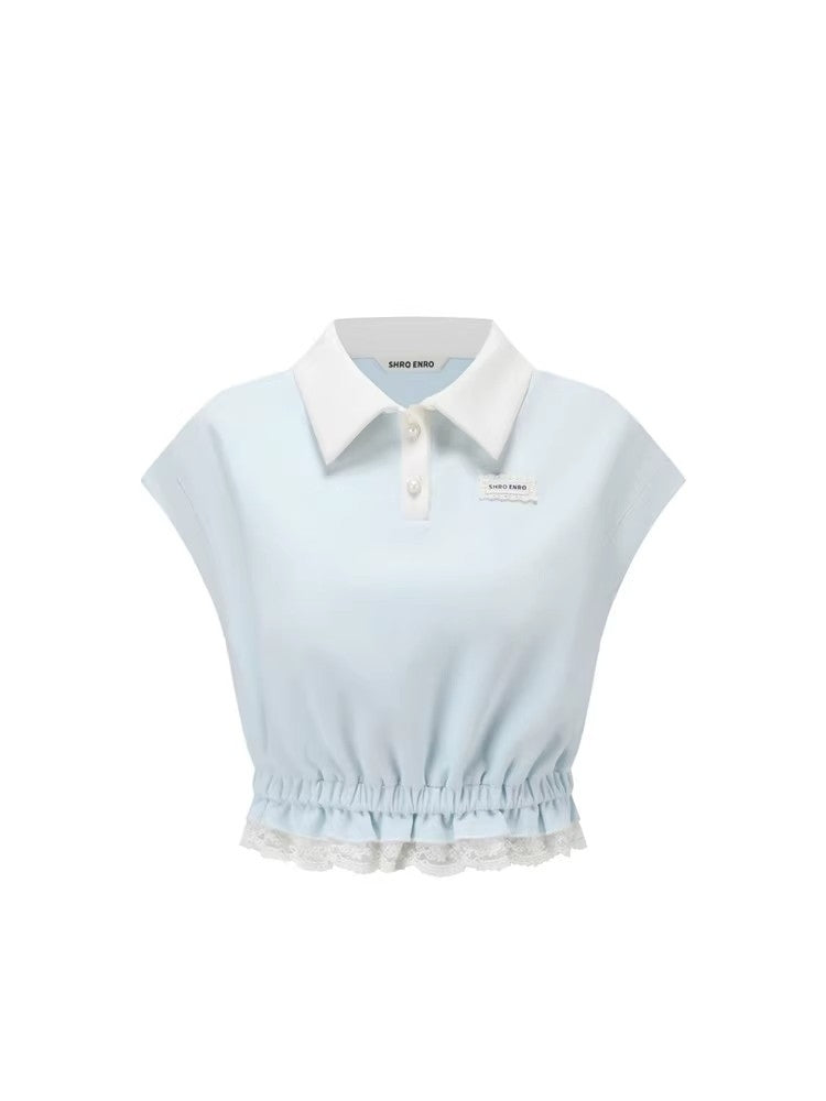 SHROENRO New Arrival: Sweet Preppy-Style Color-Blocked Polo-Neck Lace-Trimmed Fitted T-Shirt