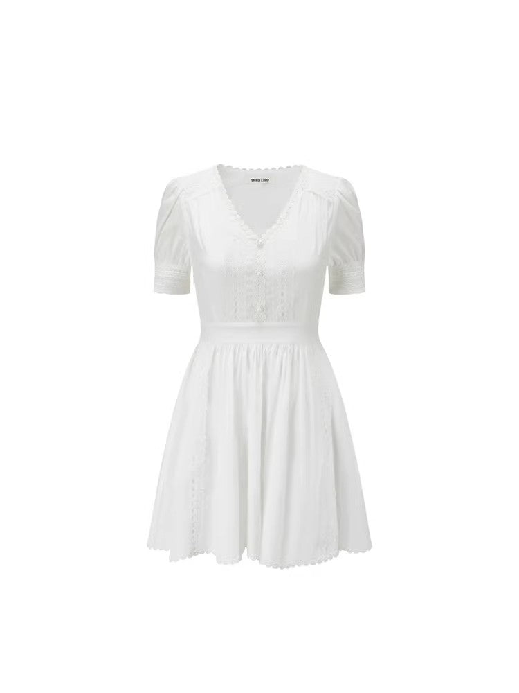 SHROENRO New Arrival: Elegant and Stylish Fitted, Slimming French V-Neck Lace-Panel Dress