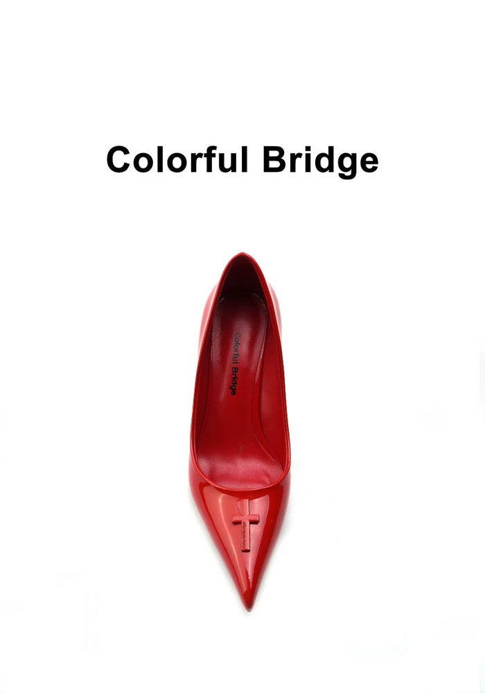 Bright Red Patent Leather Cross Wedge Pumps 8CM Curved Wedge Heel Pointed Toe Designer Slip-On Heels