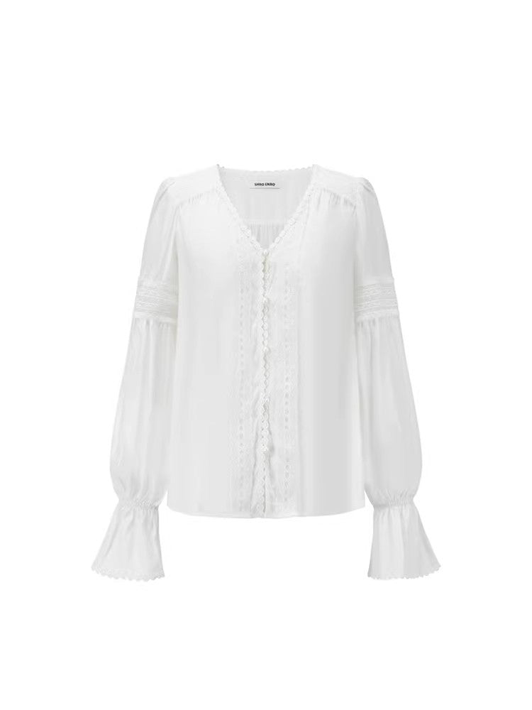 SHROENRO New Arrival: French-Style Loose-Fit, Flowy, Openwork V-Neck Lace Blouse and Shorts Fashion Set for Women