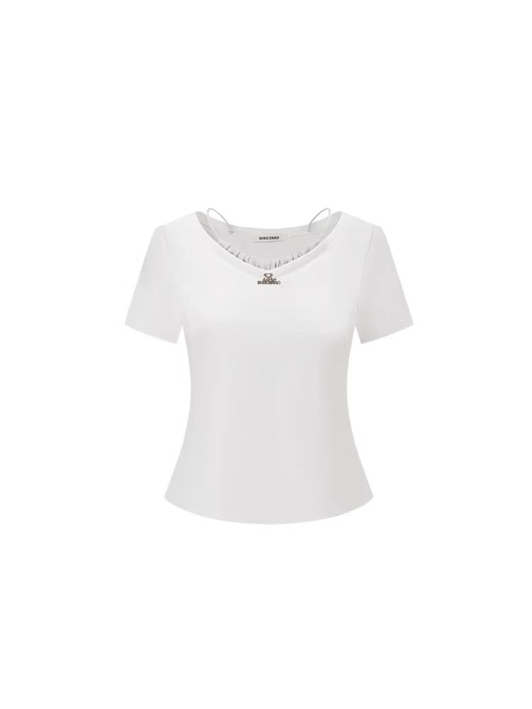 SHROENRO New Arrival: Full-Diamond Brooch, Color-Blocked Satin V-Neck Pleated Two-Piece-Style T-Shirt