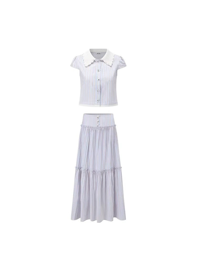 SHROENRO Spring New Arrival: Striped Lace Peter Pan Collar Blouse and High-Waisted Midi Skirt Set – A Fashionable, Girly Ensemble