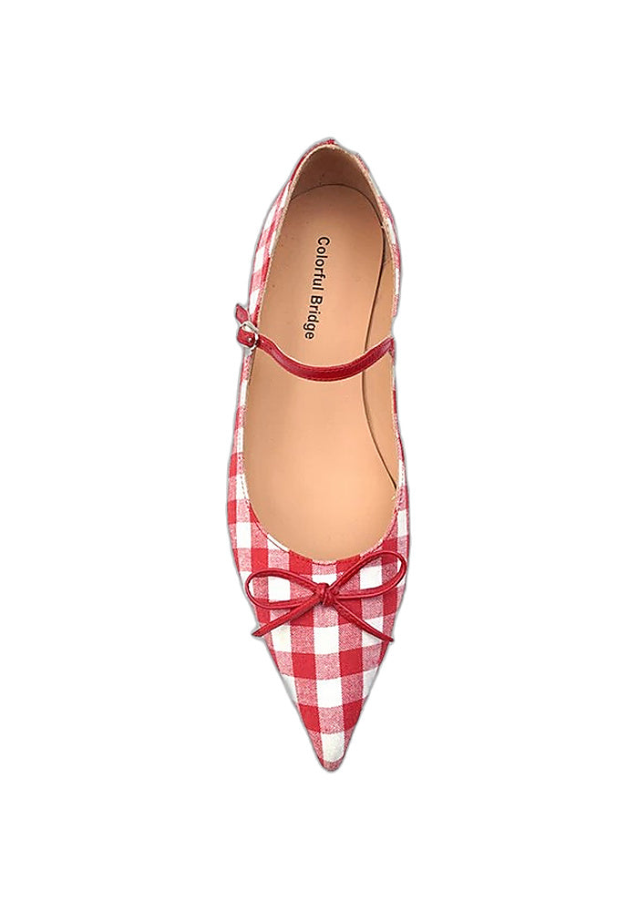 Red Gingham Cotton Mary Jane Flats 2.5CM Low Block Heel Pointed Toe Bow Strap Pumps