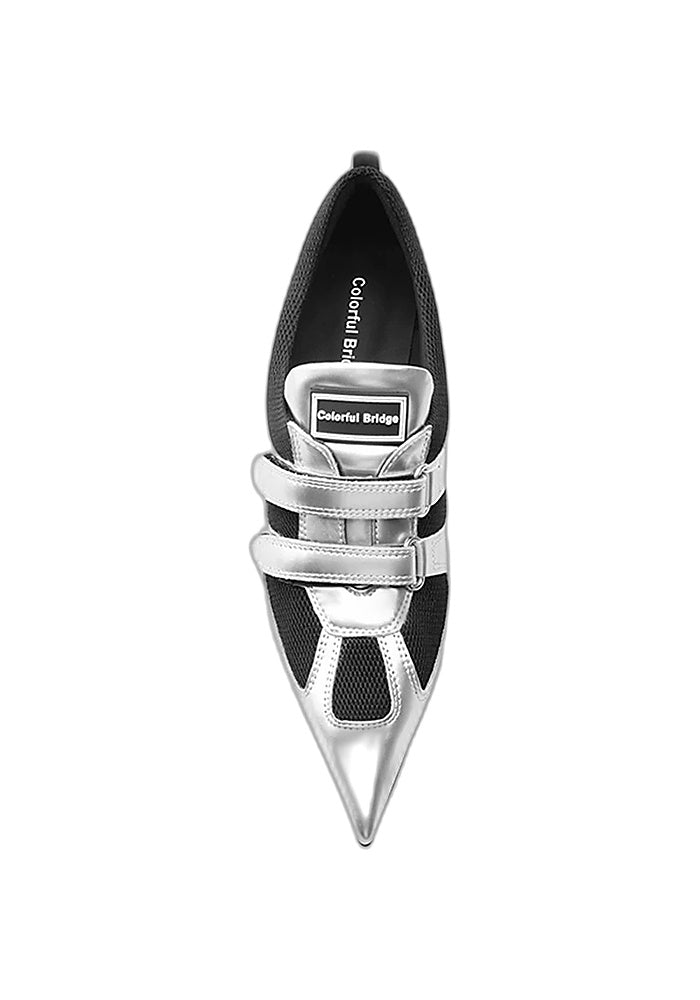 "Silverdash" Metallic Silver Cow Leather & Mesh Velcro Pointed Toe Sculpted Wedge Heel Avant-Garde Sneaker Pumps 5CM Futuristic Street Heels
