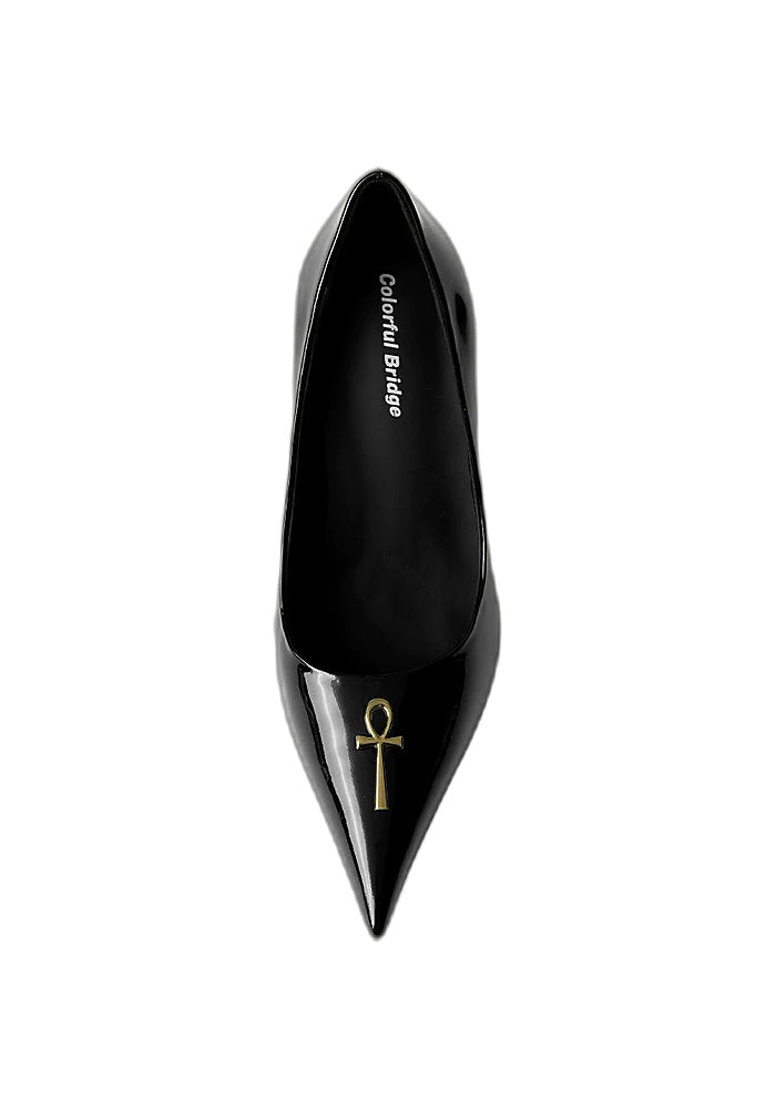 Patent Leather Ankh Symbol Stiletto Pumps 9CM Futuristic Avant-Garde Pointed High Heels