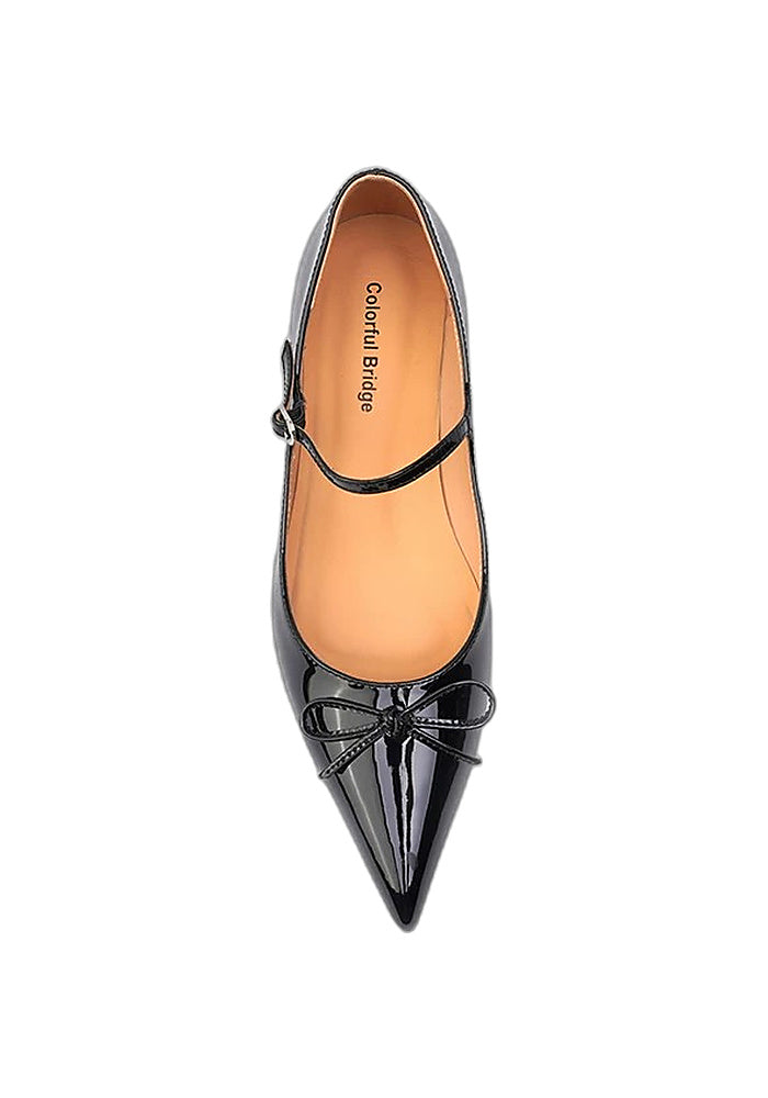 Black Patent Leather Mary Jane Flats 2.5CM Low Block Heel Pointed Toe Bow Pumps