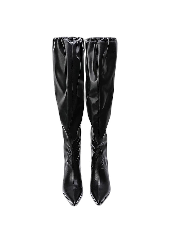 "Nightveil" Matte Leather Drawstring Knee-High Stiletto Boots 6.5CM Sculpted Heel Avant-Garde Pointed Tall Boots