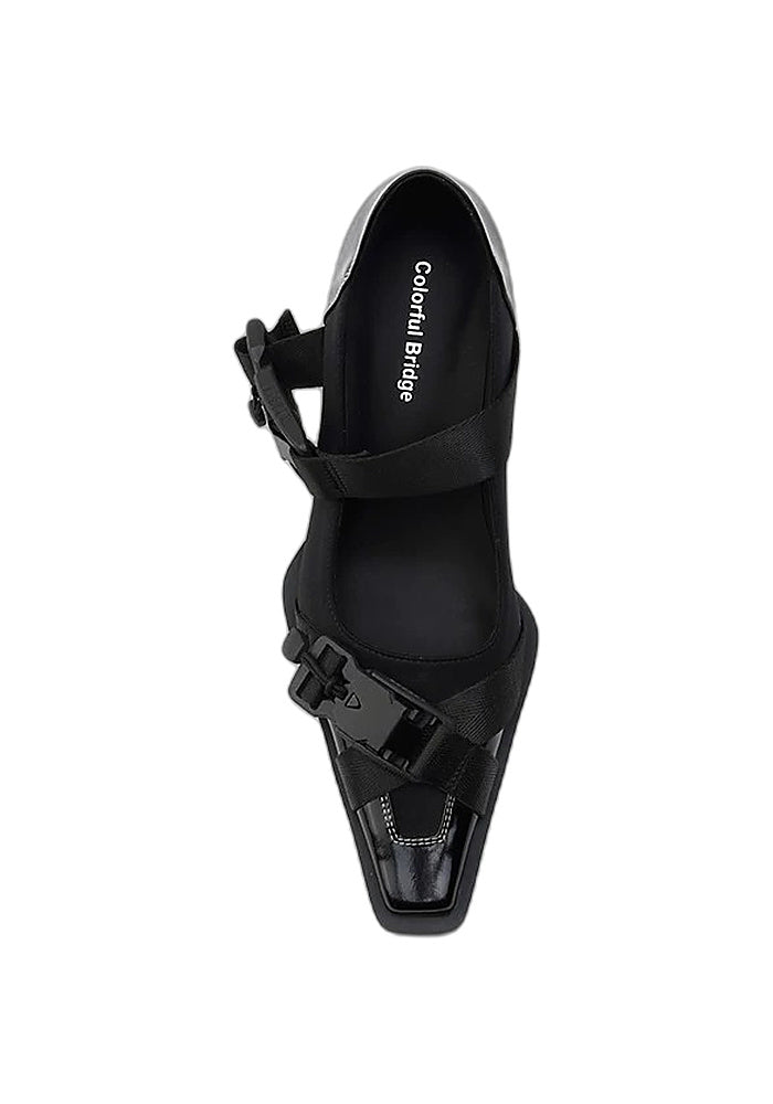 Techwear Buckle Strap Slingback Pumps 6.5CM Geometric Block Heel Square Toe Leather Heels