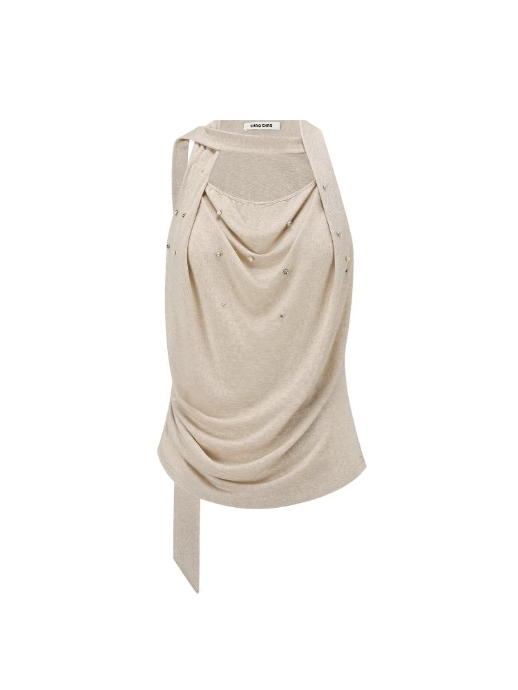 SHROENRO Relaxed-Fit Neckline-Draped Beaded Fitted Knit Tank Top for Women