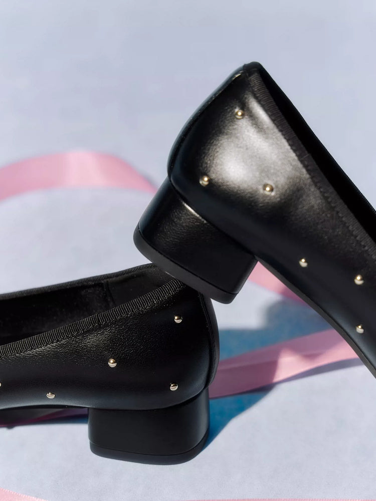 Every Girl's Studded Black Bow Mid-Heel Ballet Shoes